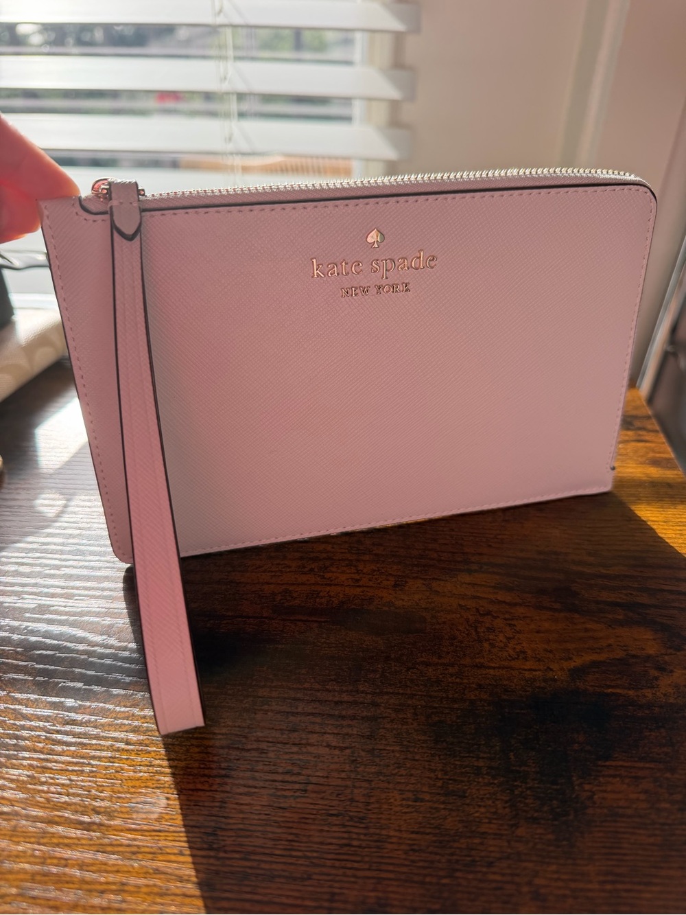 Kate Spade Light Grey Saffiano Zip Wristlet with Gold Logo